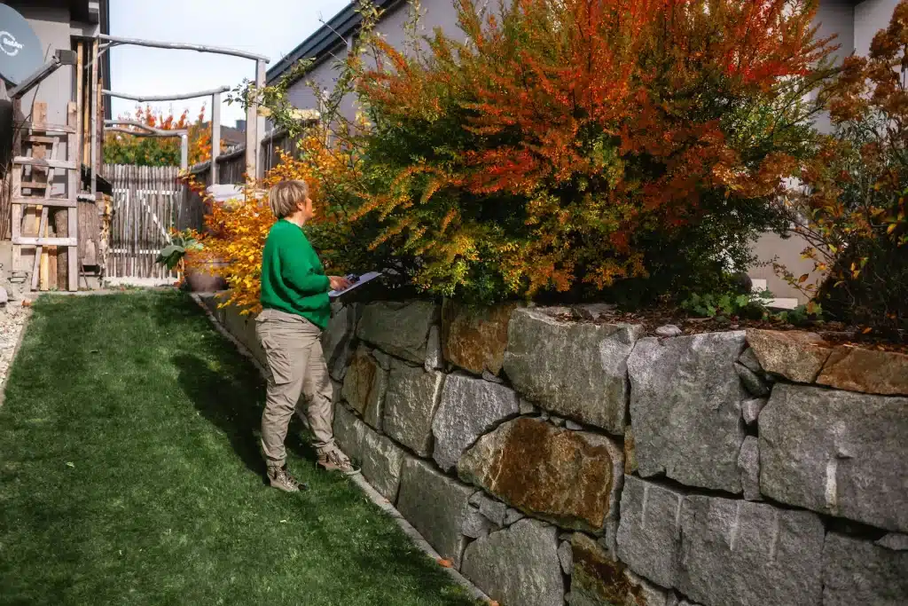 Cornelia steht vor einer Steinmauer und studiert die vom Herbst bunt gefärbten Sträucher.