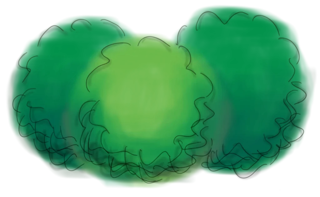 Handgezeichnete Illustration einer Sträuchergruppe in Grünschattierungen.
