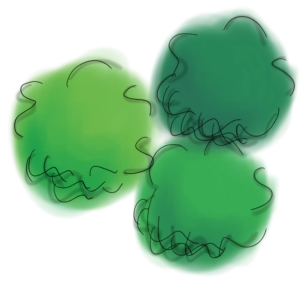 Handgezeichnete Illustration einer Sträuchergruppe in Grünschattierungen.